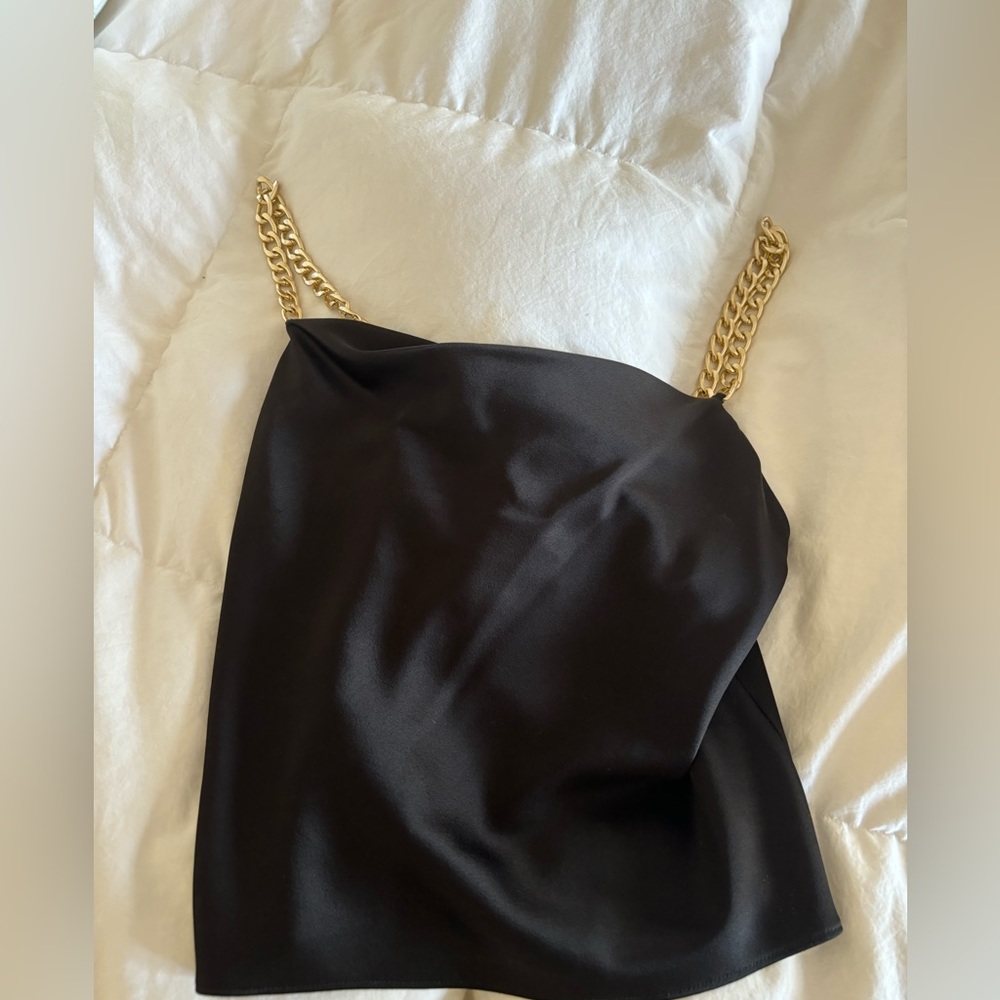 Alice and Olivia Black satin top with gold chain size x small